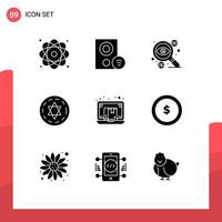 Group of 9 Solid Glyphs Signs and Symbols for magic circle hardware taxes dollar Editable Vector Design Elements