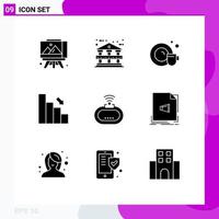 Mobile Interface Solid Glyph Set of 9 Pictograms of signal security cleaning device down Editable Vector Design Elements