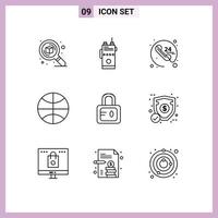 Pictogram Set of 9 Simple Outlines of holiday christmas radio basketball communication Editable Vector Design Elements