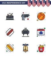 paquete de feliz día de la independencia de 9 líneas planas llenas de signos y símbolos para los estados de celebración american hotdog america editable usa day elementos de diseño vectorial vector