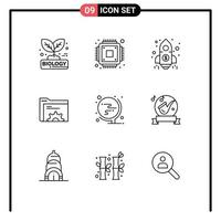 Group of 9 Outlines Signs and Symbols for world server finance folder gear Editable Vector Design Elements