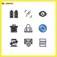 Pack of 9 Modern Filledline Flat Colors Signs and Symbols for Web Print Media such as fashion present social love view Editable Vector Design Elements