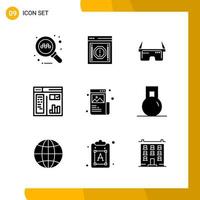 9 Icon Set Solid Style Icon Pack Glyph Symbols isolated on White Backgound for Responsive Website Designing Creative Black Icon vector background