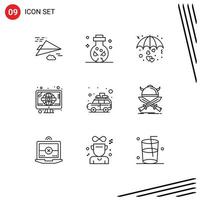 Set of 9 Vector Outlines on Grid for camping television heart retro valentine Editable Vector Design Elements