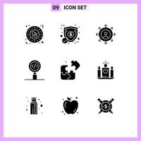 Pack of 9 Modern Solid Glyphs Signs and Symbols for Web Print Media such as puzzle search career programming coding Editable Vector Design Elements