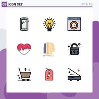 Set of 9 Modern UI Icons Symbols Signs for pulse heart light ecg speedometer Editable Vector Design Elements