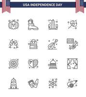 conjunto de 16 iconos del día de estados unidos símbolos americanos signos del día de la independencia para copa de vino vista de cerveza fuego al aire libre elementos de diseño de vector de día de estados unidos editables