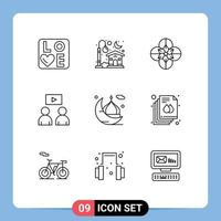 Mobile Interface Outline Set of 9 Pictograms of mosque moon anemone video man Editable Vector Design Elements