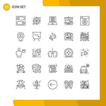 Mobile Interface Line Set of 25 Pictograms of lock web engineering management chart Editable Vector Design Elements