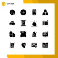 Solid Glyph Pack of 16 Universal Symbols of vehicles car video automobile finance Editable Vector Design Elements