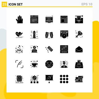 Modern Set of 25 Solid Glyphs Pictograph of birthday bank computer ui document Editable Vector Design Elements