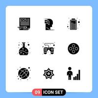 9 User Interface Solid Glyph Pack of modern Signs and Symbols of game pad flask mind experiment power Editable Vector Design Elements