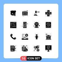 Pack of 16 creative Solid Glyphs of legal judge suitcase hammer court Editable Vector Design Elements