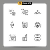 Group of 9 Outlines Signs and Symbols for work task check list mountain money coin Editable Vector Design Elements