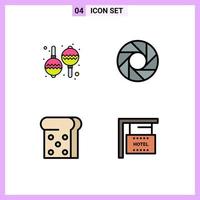 Pack of 4 creative Filledline Flat Colors of instrument hanging camera bread hotel Editable Vector Design Elements