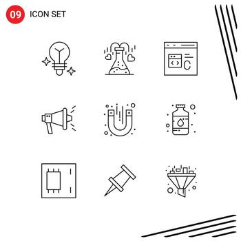 conjunto de esquema de interfaz móvil de 9 pictogramas de código de laboratorio de prueba elementos de diseño de vector editables de marketing viral