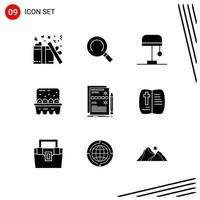 colección de 9 iconos vectoriales en estilo sólido símbolos de glifo perfecto de píxel para web y móvil signos de icono sólido sobre fondo blanco 9 iconos fondo de vector de icono negro creativo