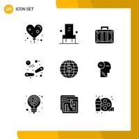 Group of 9 Modern Solid Glyphs Set for blockchain future of money holiday play fun Editable Vector Design Elements
