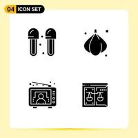 Mobile Interface Solid Glyph Set of 4 Pictograms of bath television shower onion user Editable Vector Design Elements