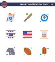 Modern Set of 9 Flats and symbols on USA Independence Day such as country party decoration usa buntings eagle Editable USA Day Vector Design Elements