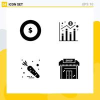 Set of 4 Vector Solid Glyphs on Grid for coin vegetable digital economy business Editable Vector Design Elements