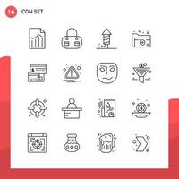 Pack of 16 Universal Outline Icons for Print Media on White Background Creative Black Icon vector background