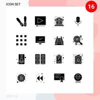 Pack of 16 Modern Solid Glyphs Signs and Symbols for Web Print Media such as device computer building thumbnails show Editable Vector Design Elements