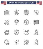 paquete de iconos de vector de stock de día americano 16 signos y símbolos de línea para usa bat pot baseball usa elementos de diseño de vector de día de usa editable