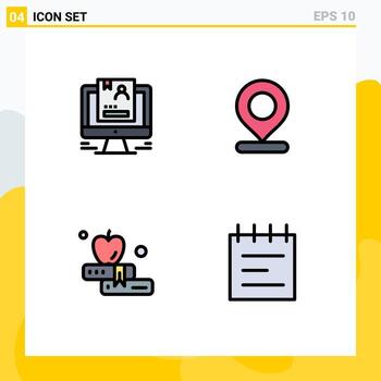 4 Universal Filledline Flat Color Signs Symbols of resume apple computer map education Editable Vector Design Elements