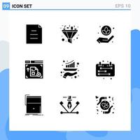 Universal Icon Symbols Group of 9 Modern Solid Glyphs of business marketing lotus growth bar Editable Vector Design Elements