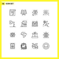 Modern Set of 16 Outlines and symbols such as photo birthday hand bengal fire cross Editable Vector Design Elements