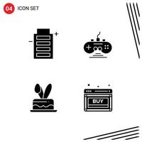 Pictogram Set of 4 Simple Solid Glyphs of battery egg environment game controller holiday Editable Vector Design Elements