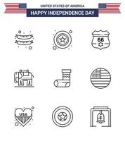 Pack of 9 USA Independence Day Celebration Lines Signs and 4th July Symbols such as gift christmas shield celebration american Editable USA Day Vector Design Elements