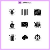 Set of 9 Vector Solid Glyphs on Grid for mail technology case service tea Editable Vector Design Elements
