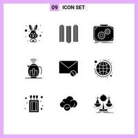 Set of 9 Vector Solid Glyphs on Grid for mail technology case service tea Editable Vector Design Elements