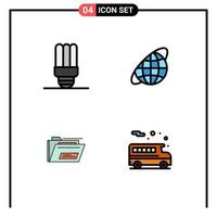 Set of 4 Commercial Filledline Flat Colors pack for energy saving zip globe universe bus Editable Vector Design Elements