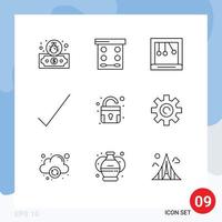 Mobile Interface Outline Set of 9 Pictograms of interface unlock cradle padlock tick Editable Vector Design Elements