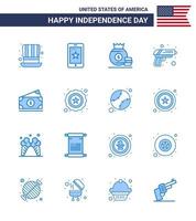 16 USA Blue Pack of Independence Day Signs and Symbols of money weapon dollar army gun Editable USA Day Vector Design Elements
