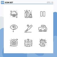 Universal Icon Symbols Group of 9 Modern Outlines of bat ball pause mark eye Editable Vector Design Elements