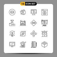 Set of 16 Modern UI Icons Symbols Signs for champion bowl monitor lock web Editable Vector Design Elements