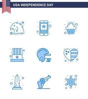 Happy Independence Day 4th July Set of 9 Blues American Pictograph of football usa cake hat american Editable USA Day Vector Design Elements