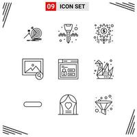 9 Icons Line Style Grid Based Creative Outline Symbols for Website Design Simple Line Icon Signs Isolated on White Background 9 Icon Set Creative Black Icon vector background