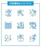 Covid19 icon set for infographic 9 Blue pack such as schudule calendar magnifying appointment not allow viral coronavirus 2019nov disease Vector Design Elements