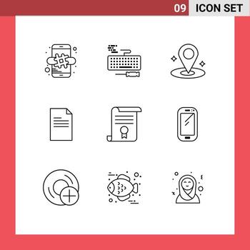 User Interface Pack of 9 Basic Outlines of diploma certificate location report text Editable Vector Design Elements