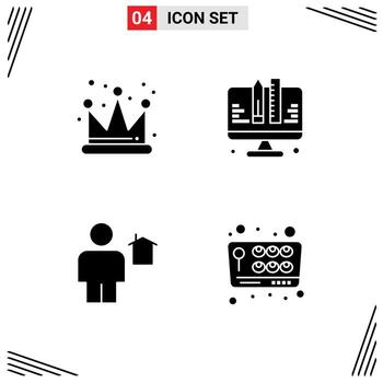 paquete de 4 signos y símbolos de glifos sólidos modernos para medios de impresión web, como elementos de diseño de vectores editables humanos web de codificación casera de la corona
