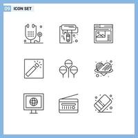 Universal Icon Symbols Group of 9 Modern Outlines of retouch photographer tool photo website Editable Vector Design Elements