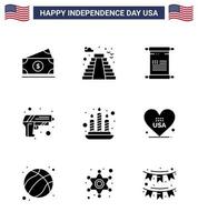 Editable Vector Line Pack of USA Day 9 Simple Solid Glyphs of fire weapon scroll army gun Editable USA Day Vector Design Elements