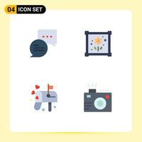 Mobile Interface Flat Icon Set of 4 Pictograms of chat mail patch box lens Editable Vector Design Elements