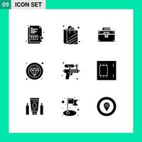 User Interface Pack of 9 Basic Solid Glyphs of water gun service box quality label Editable Vector Design Elements