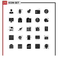 Pack of 25 creative Solid Glyphs of signal media watch world office Editable Vector Design Elements